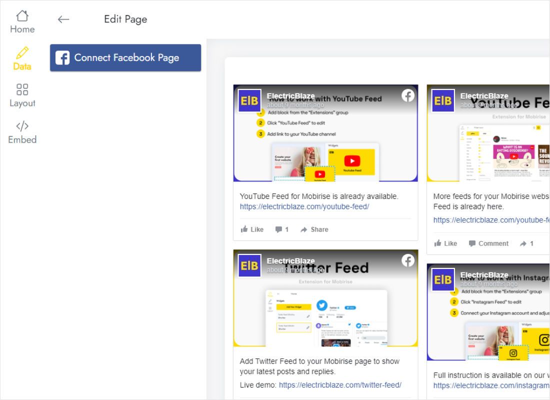 Connect Facebook Page control on the Data tab