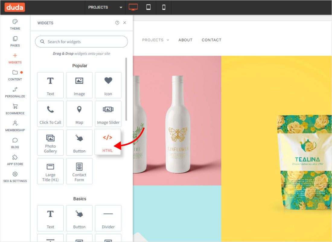 Find HTML among the popular widgets, or type it into the search field, and drag it to the section where the wi