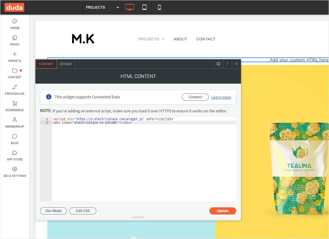 The HTML Content panel opens. Paste the ElectricBlaze code into its editor area.