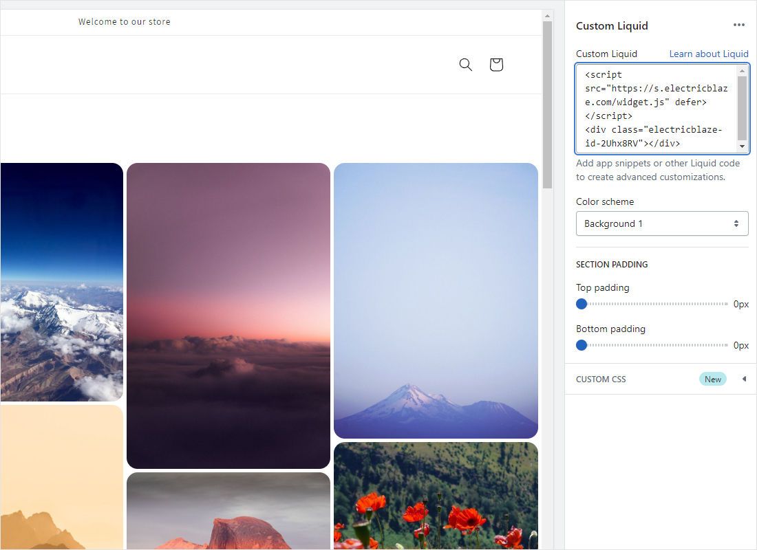 Paste the widget HTML into the Liquid field, drag the section to its position and click Save .