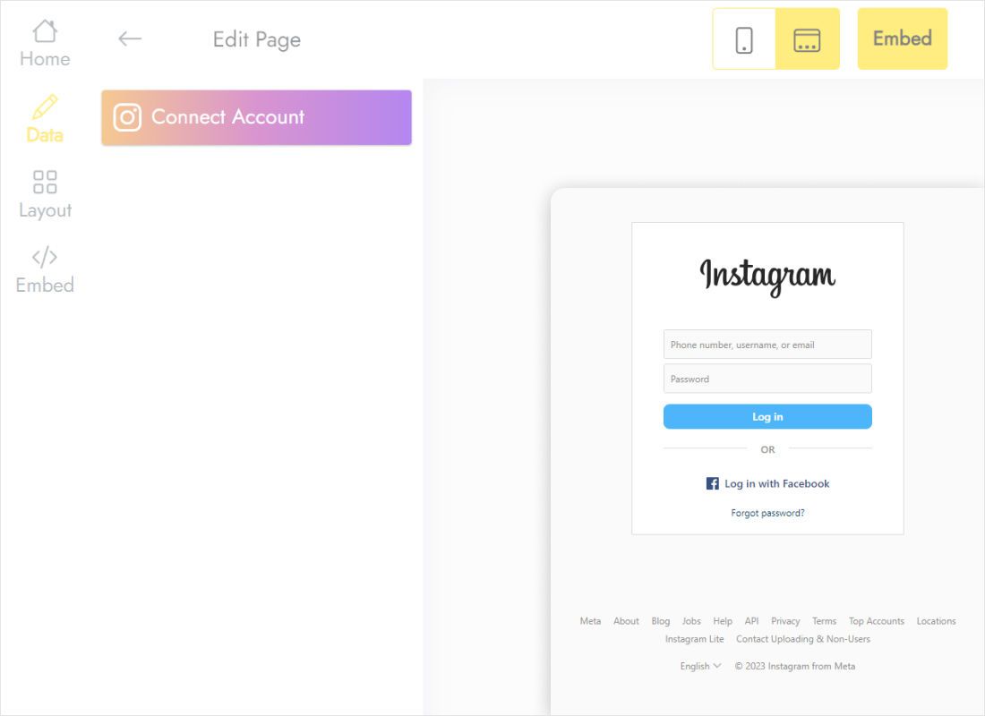Connect Account button for Instagram on the Data tab