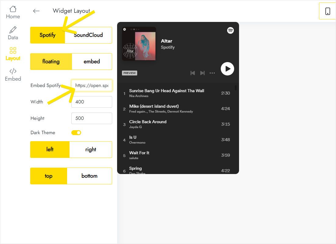 Floating Spotify player settings with link field and corner position