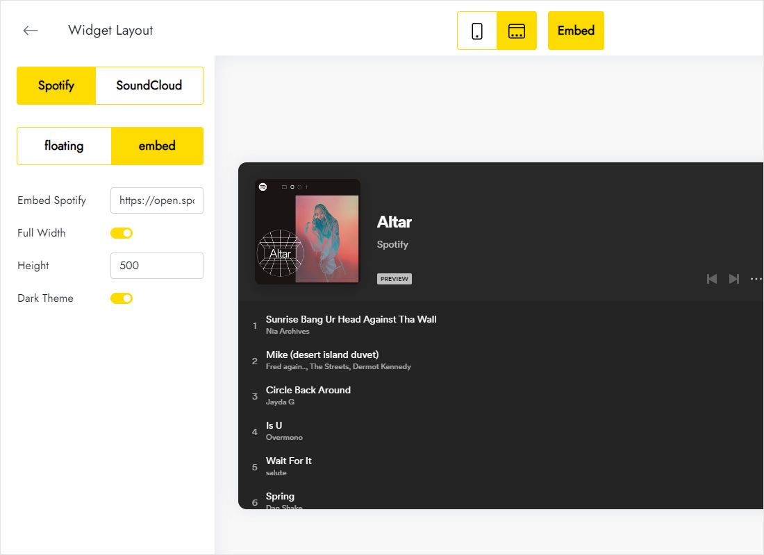 Embed mode with full width, height and dark theme switches