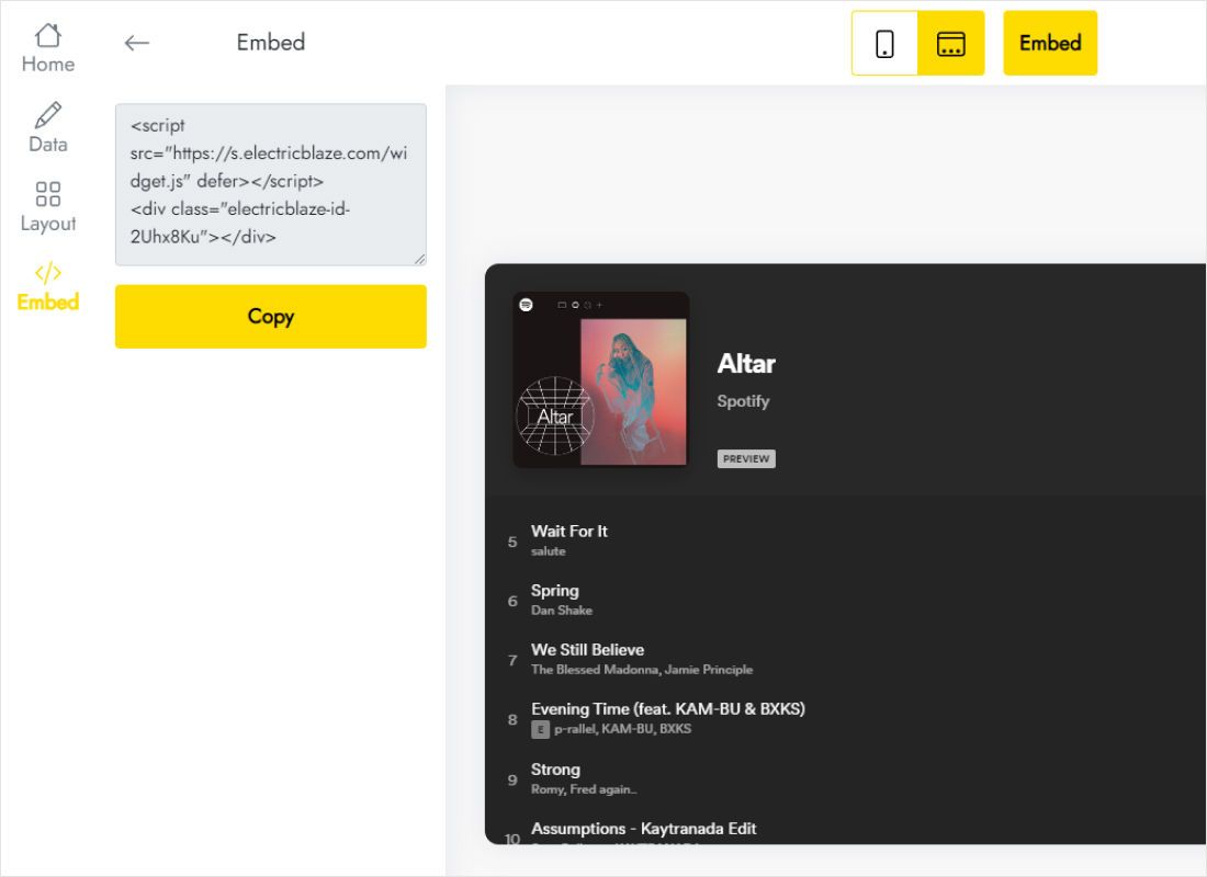 Code window for the music player snippet