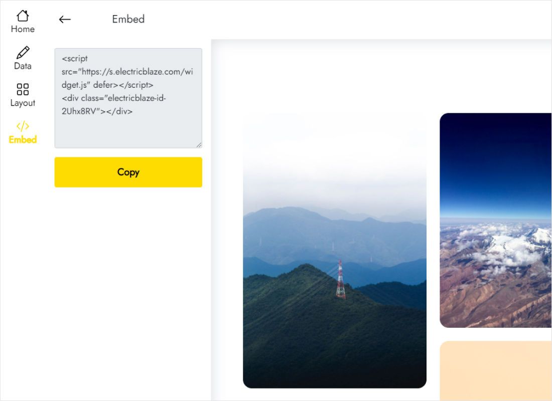 Code window opened by the Add to website button