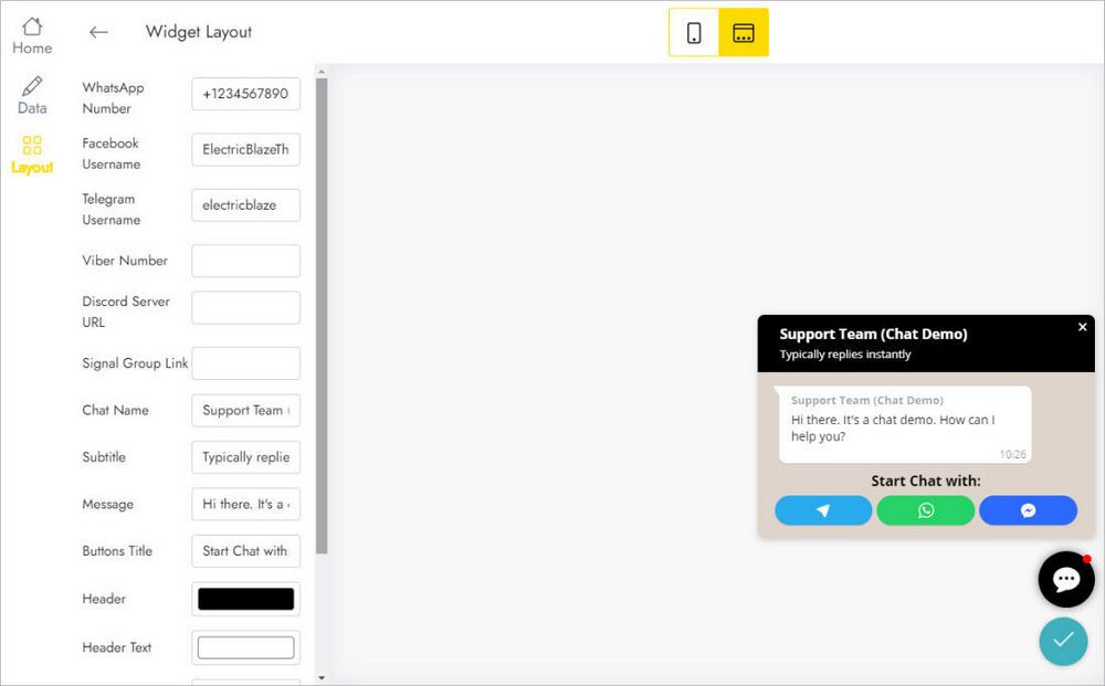 Contact fields for messengers on the Layout tab
