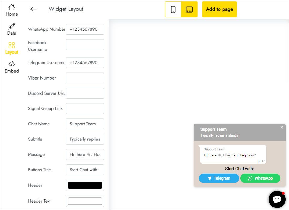 Messenger contact fields with the chat window preview