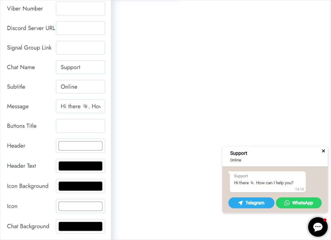 Caption and colour settings for the chat popup