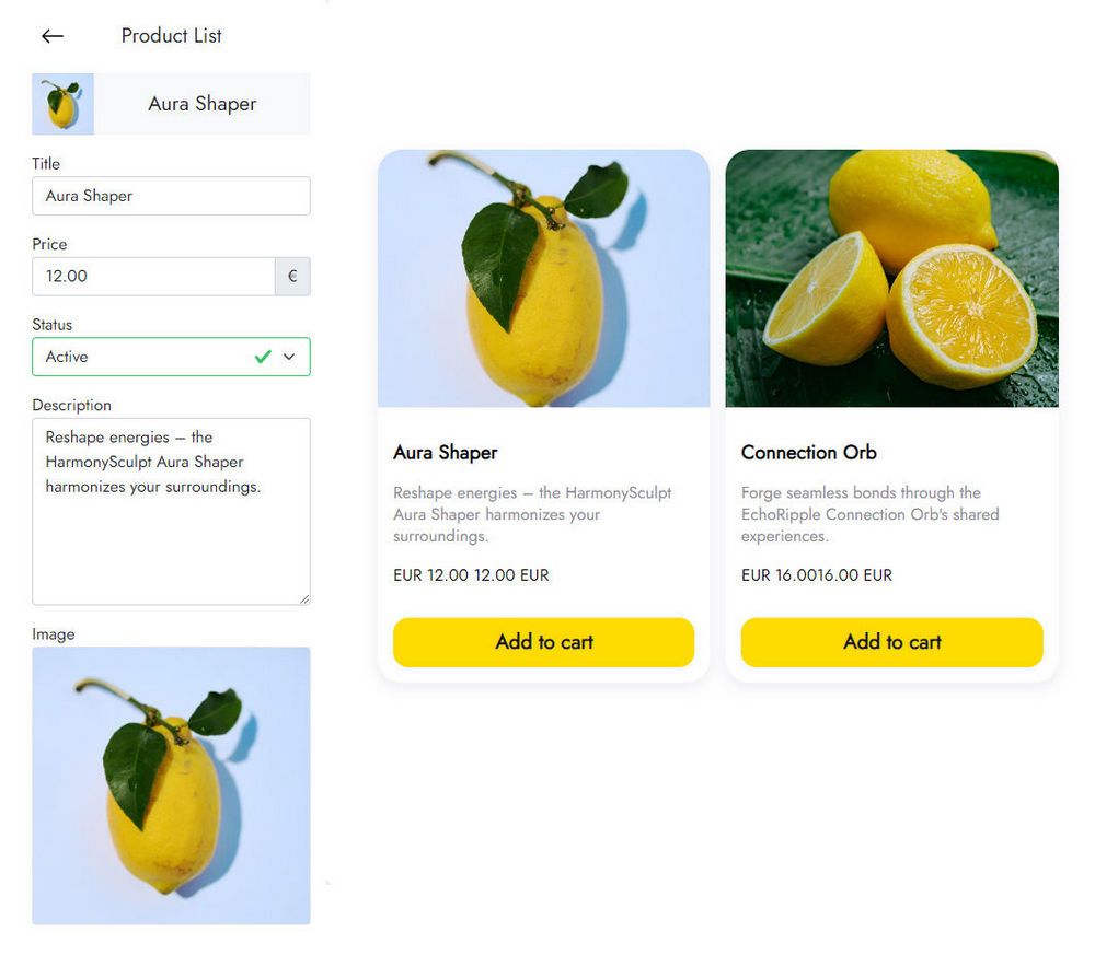 Product list with order buttons on a website