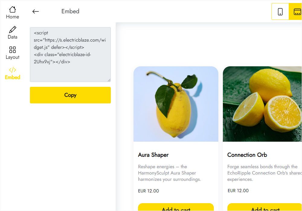 Add to website window with the product grid code ready to copy