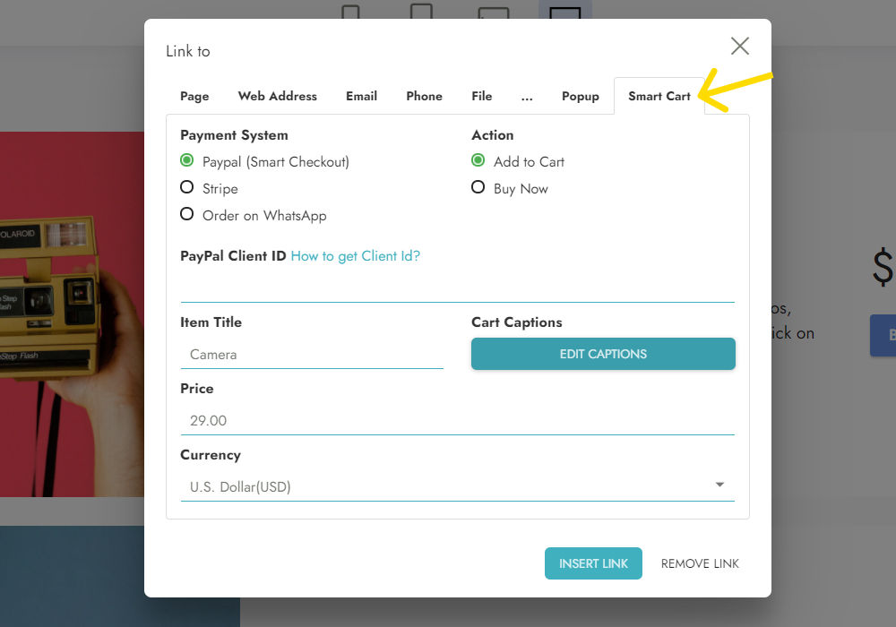 Link settings dialog with the Smart Cart tab, price and payment system