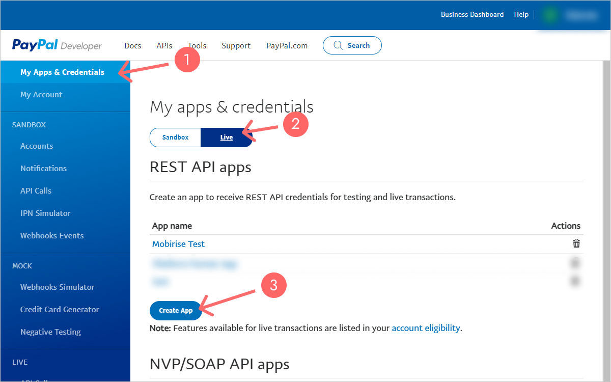 PayPal developer dashboard Apps and Credentials page switched to Live mode