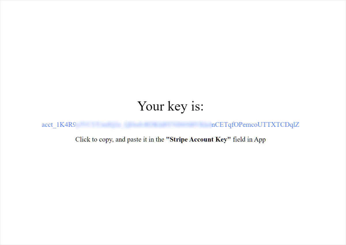 Page displaying the Stripe account key generated for Smart Cart