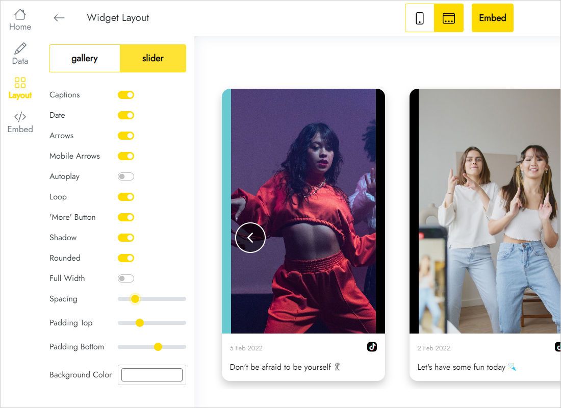 Layout tab for arranging vertical video thumbnails