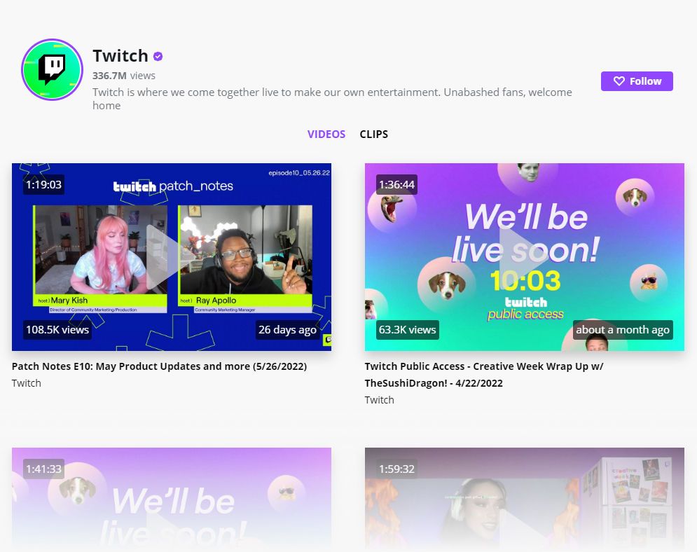 Twitch channel videos in a gallery on a website
