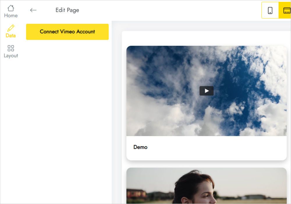 Vimeo account connection in the widget editor
