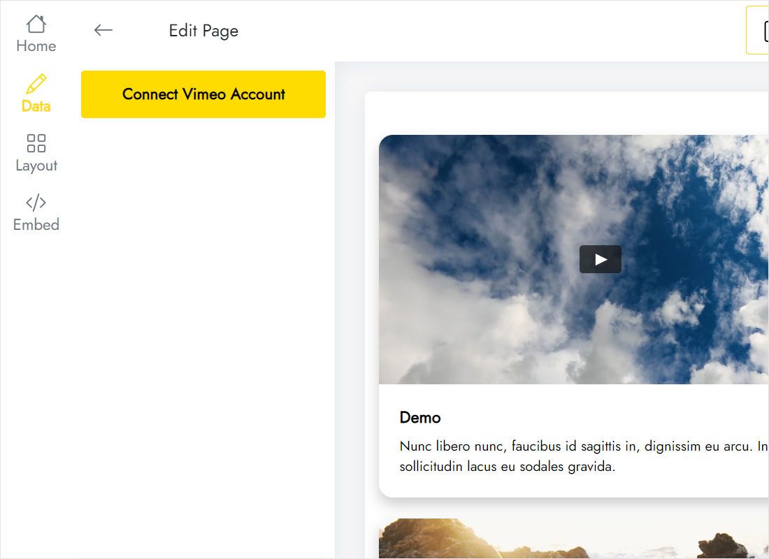 Connect Vimeo Account on the Data tab