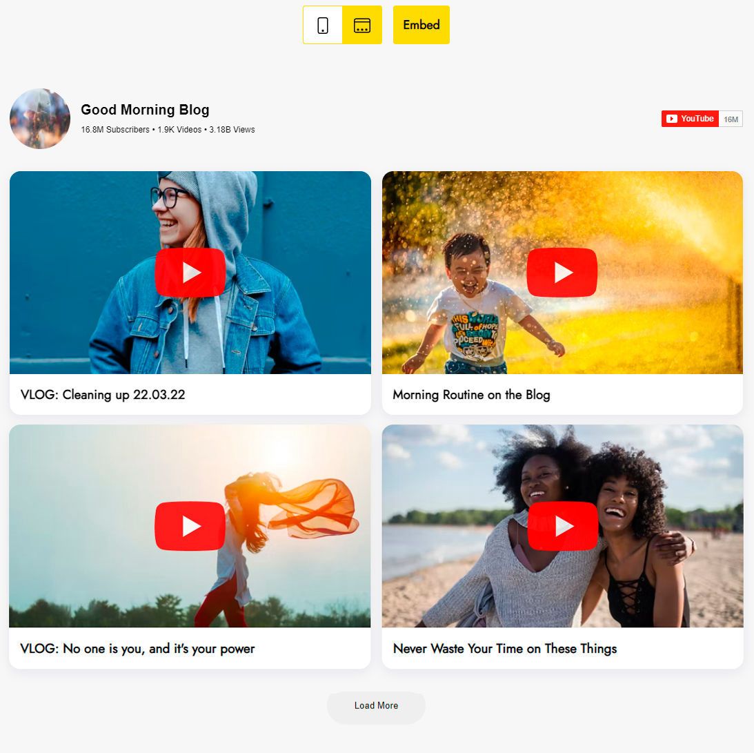 Grid of YouTube video thumbnails in a website block