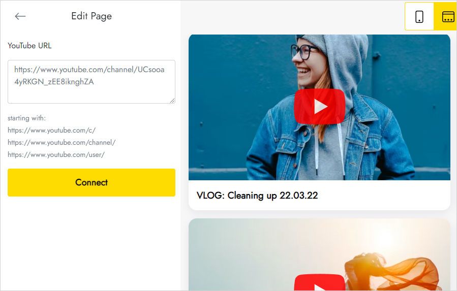Data tab field for the YouTube channel link